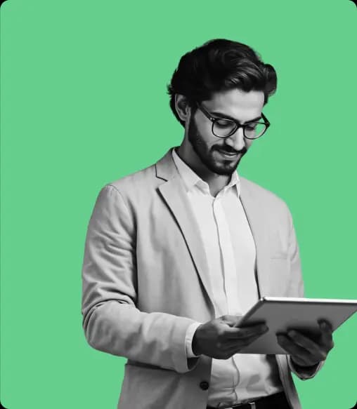 Homem de óculos segurando um tablet